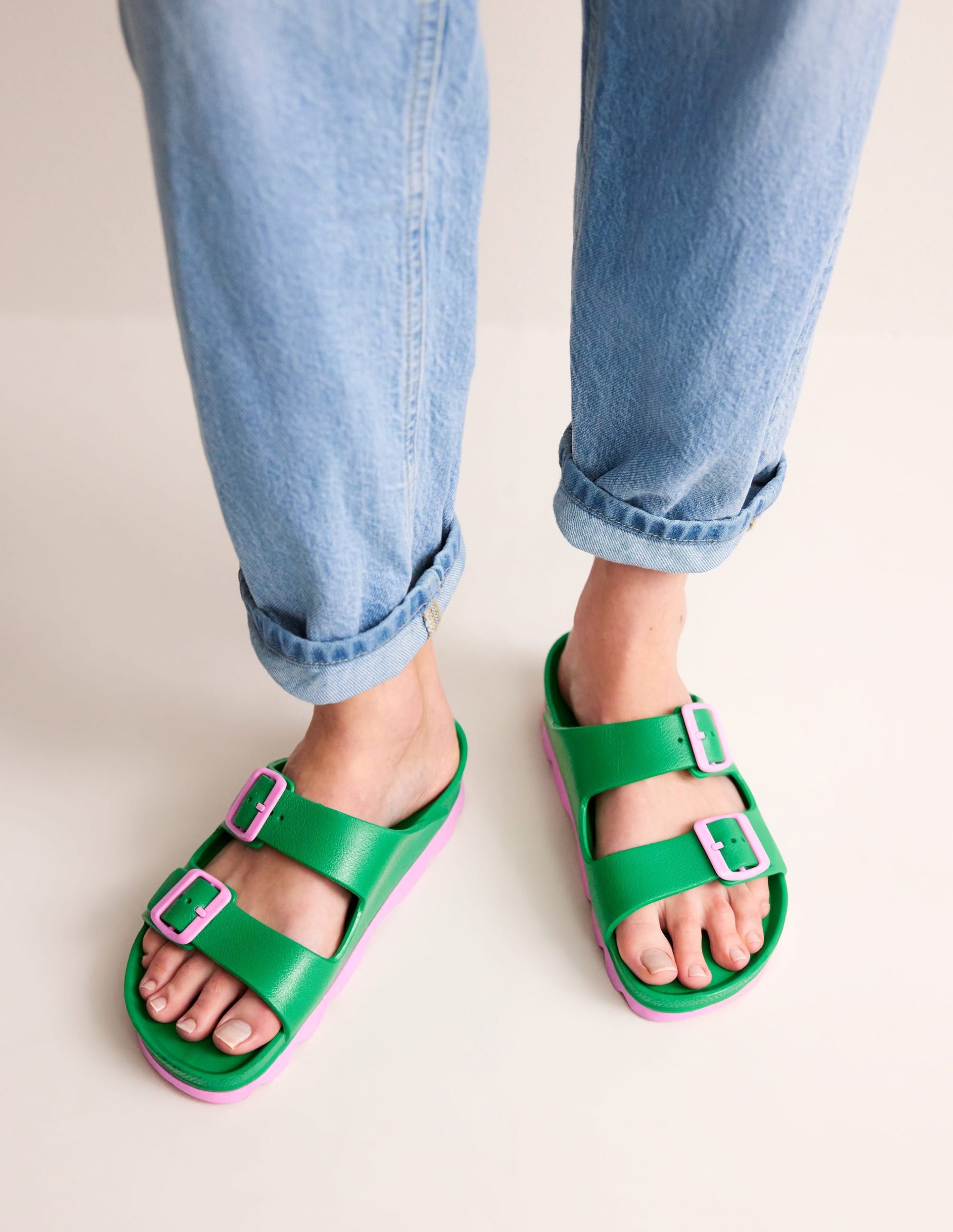 Lyla Double Buckle Sliders-Rich Emerald/Soft Pink - Image 2