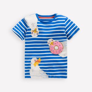 Short Sleeve Appliqu?? T-shirt-Gallery Blue Stripe Seagulls