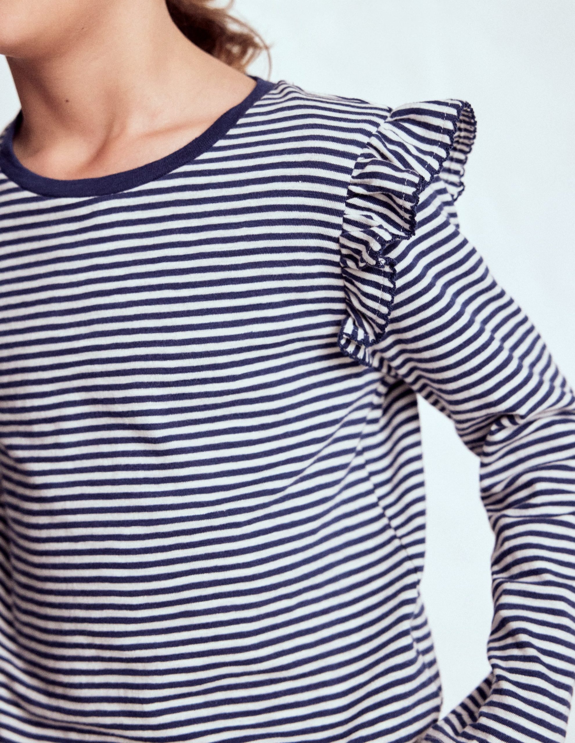 Frill Sleeve Slub Top-Soft Ivory/College Navy - Image 3