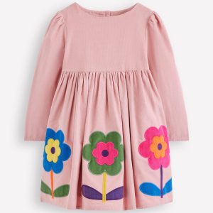 Corduroy Appliqué Dress-Almond Pink Flower
