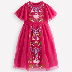 Embroidered Tulle Dress-Cherry Jam Lovebirds