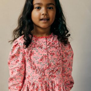 Pretty Interest Shirt Dress-Salmon Pink Meadow Floral