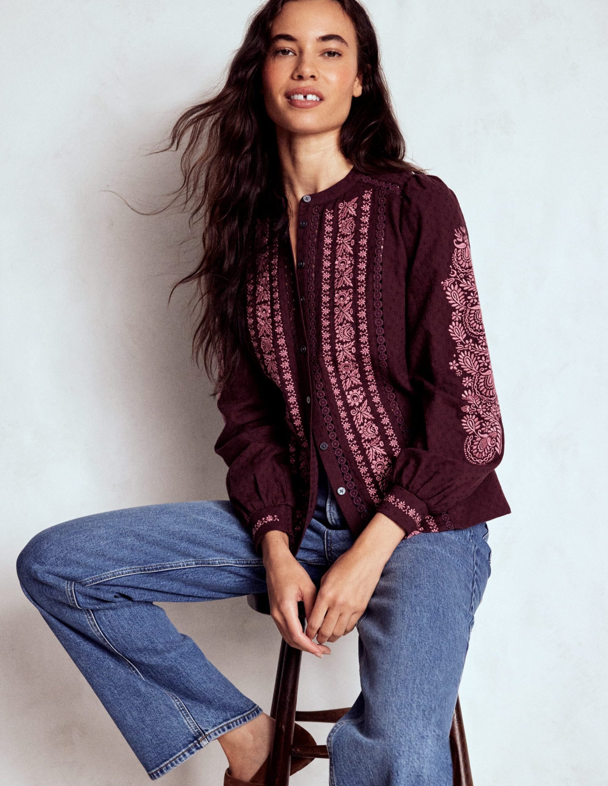 Embroidered Cotton Top-Dark Cherry - Image 2
