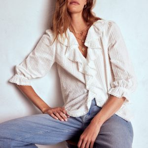 Eliza Ruffle V-Neck Blouse-White