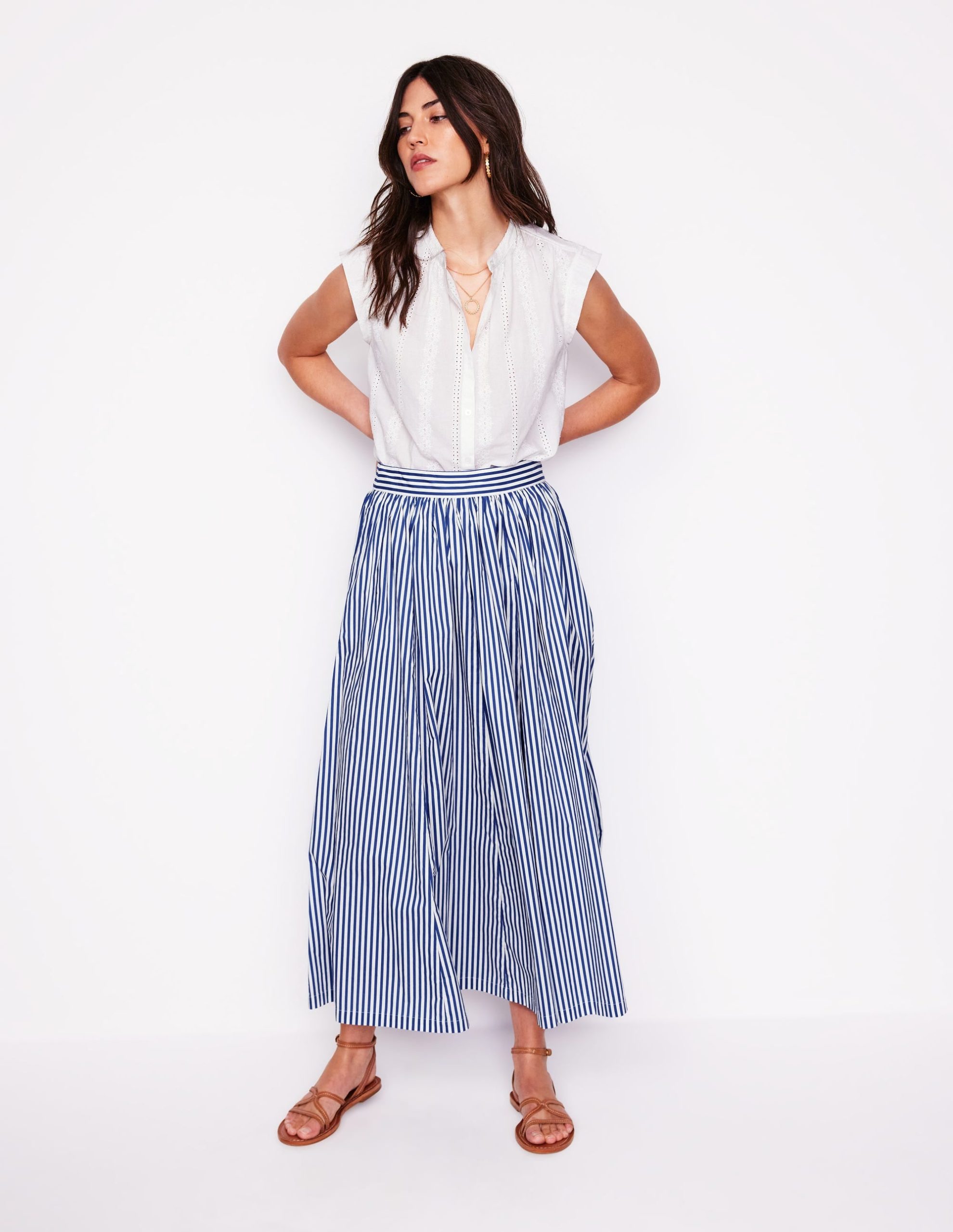 Full Poplin Maxi Skirt-Kingfisher Blue. Fine Stripe