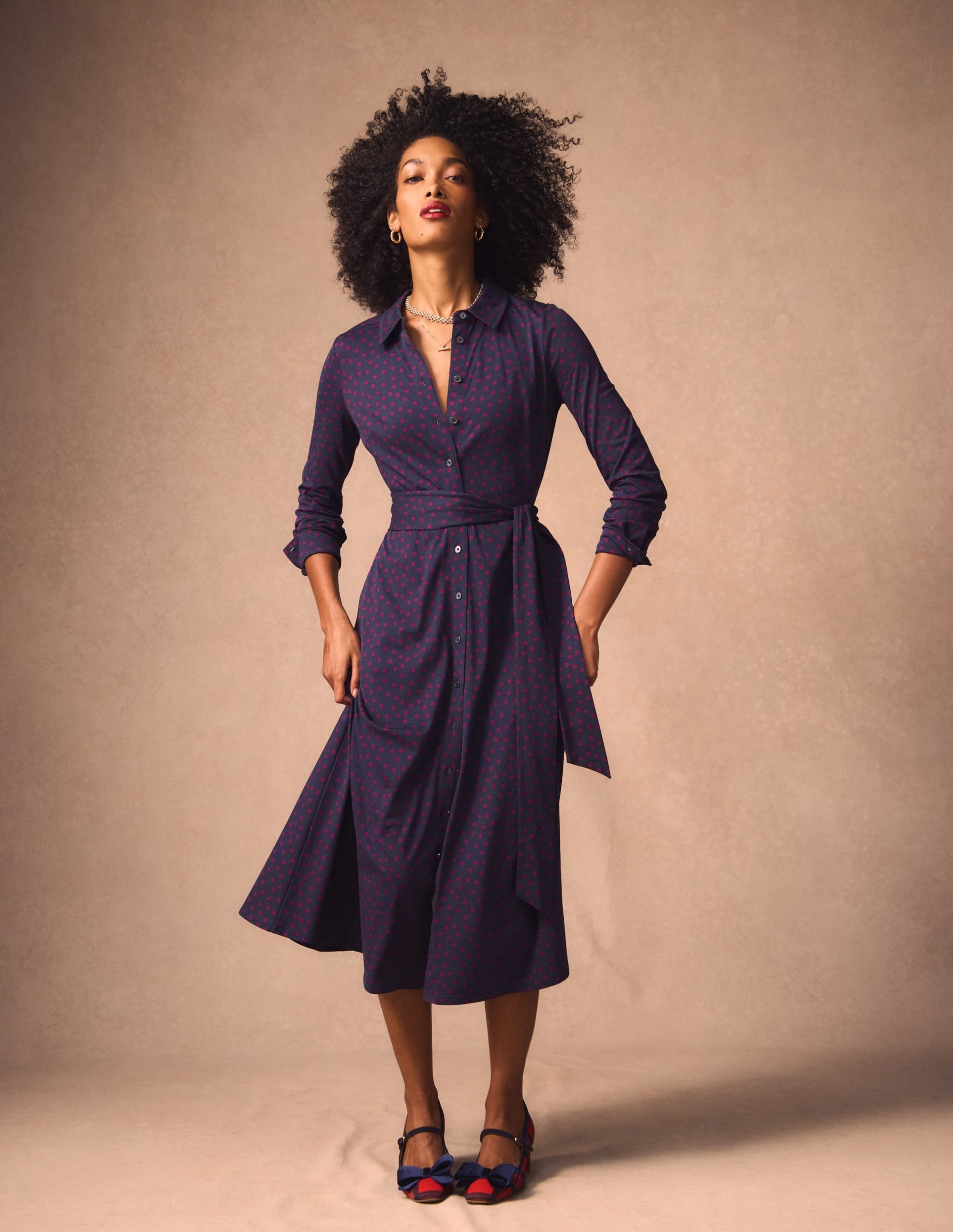 Marcia Jersey Shirt Dress-French Navy. Painted Dot