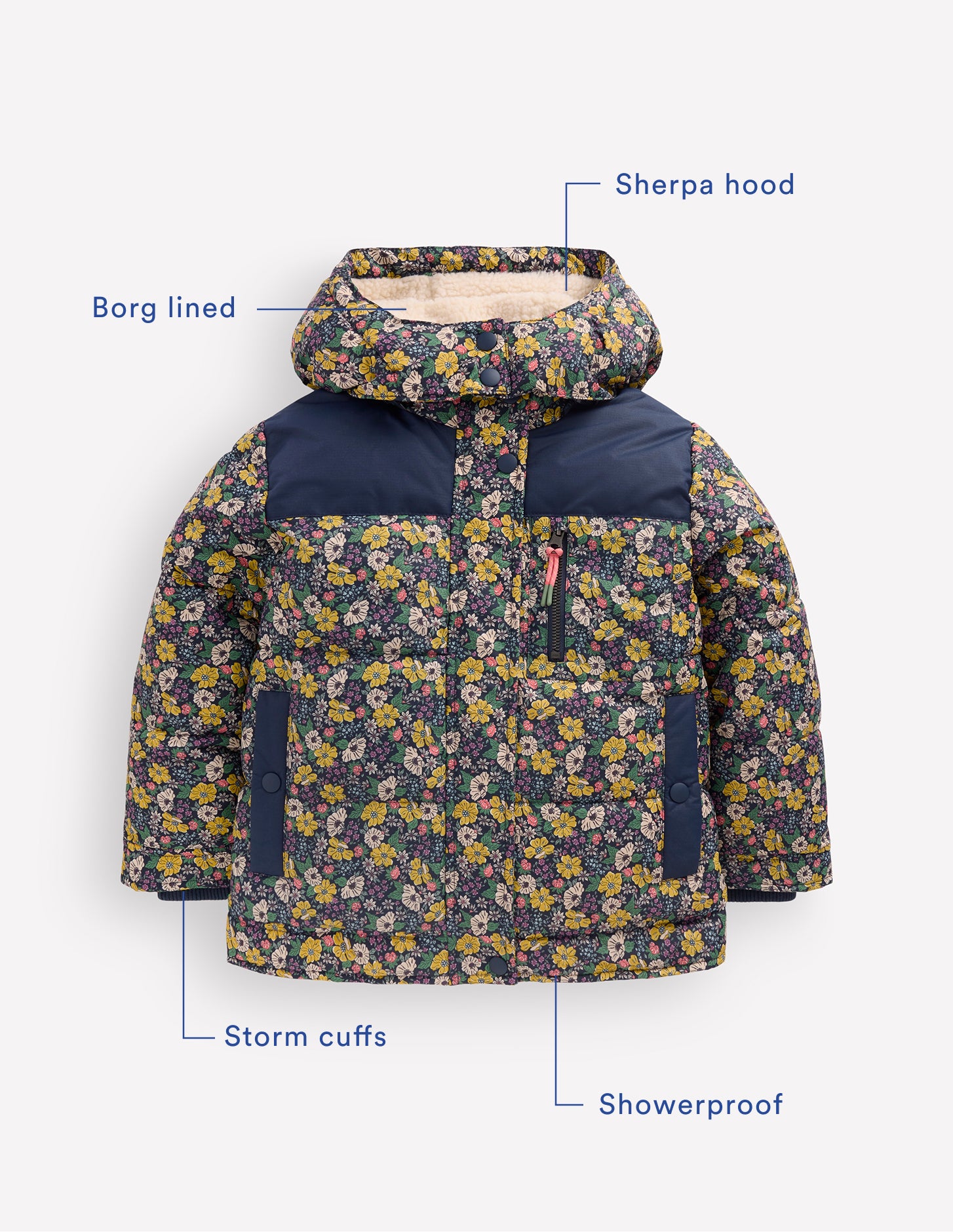 Borg Lined Puffer Coat-French Navy Mixed Flowerbed - Image 3