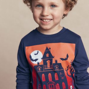 Long Sleeve Glow T-shirt-French Navy. Halloween Castle