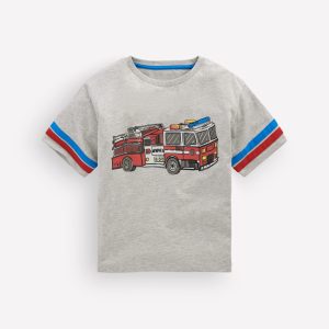 Colour Block Printed T-shirt-Grey Marl Firetruck
