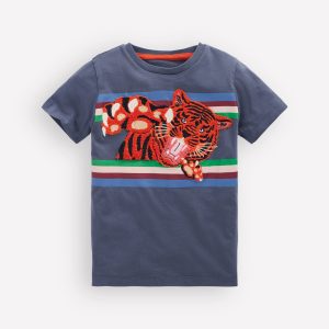 Short Sleeve Appliqué T-shirt-Vintage Indigo Tiger Stripe