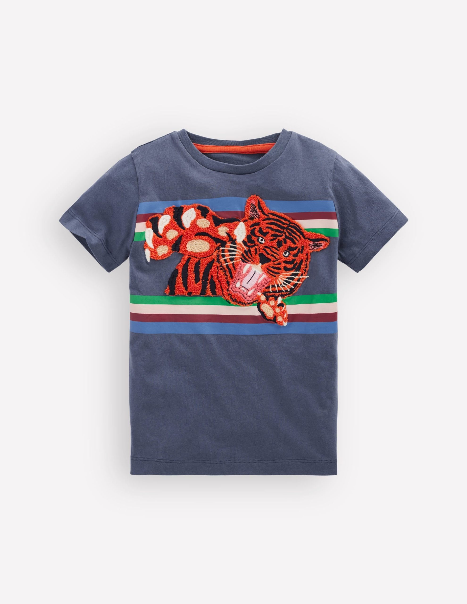 Short Sleeve Appliqué T-shirt-Vintage Indigo Tiger Stripe