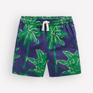 Cotton Linen Shorts-Green Palm Trees