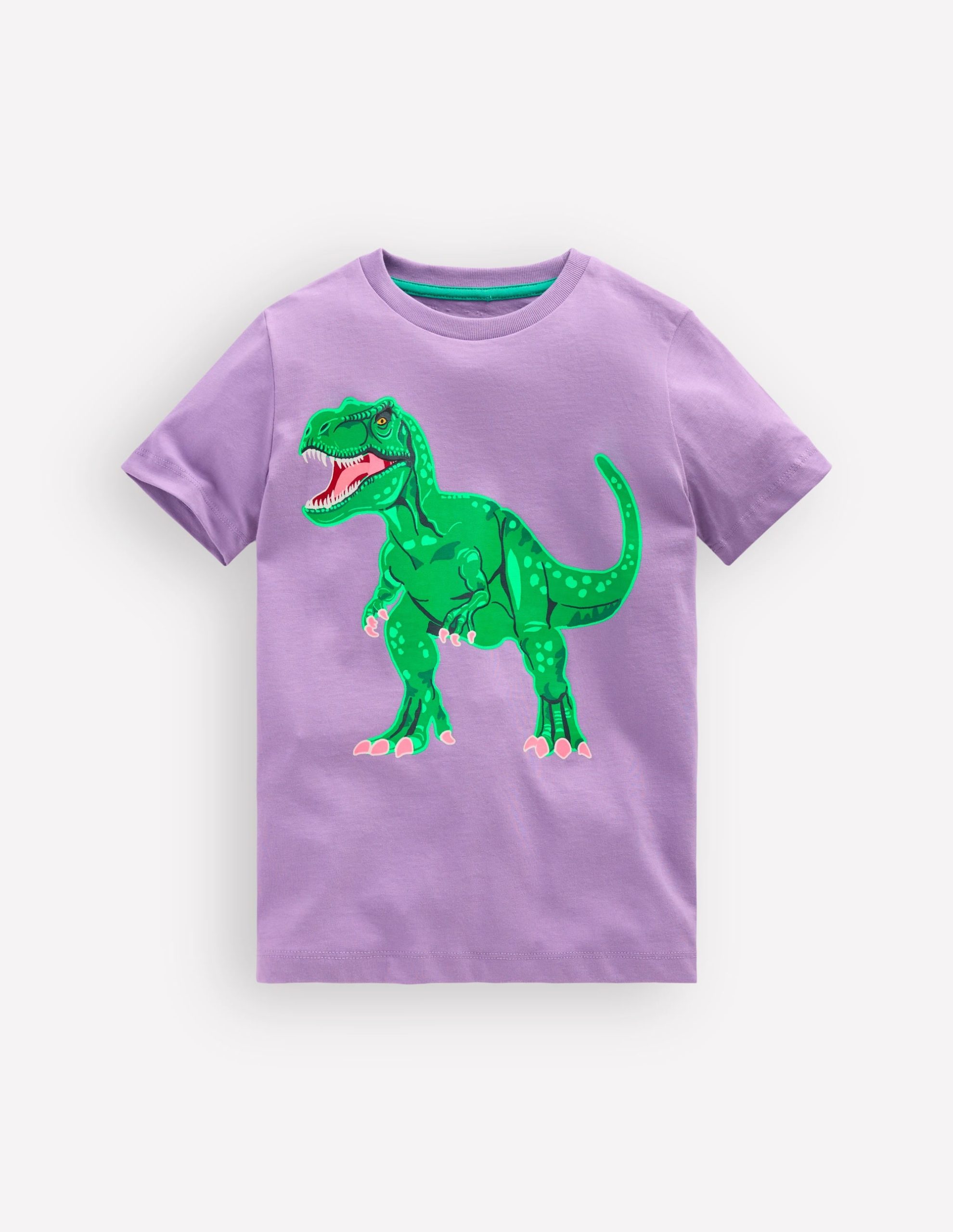 Front and Back Glow T-shirt-Aster Purple. Dino Skeleton