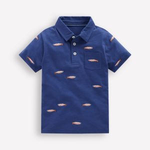 Embroidered Slub Polo Shirt-Blue Fishing