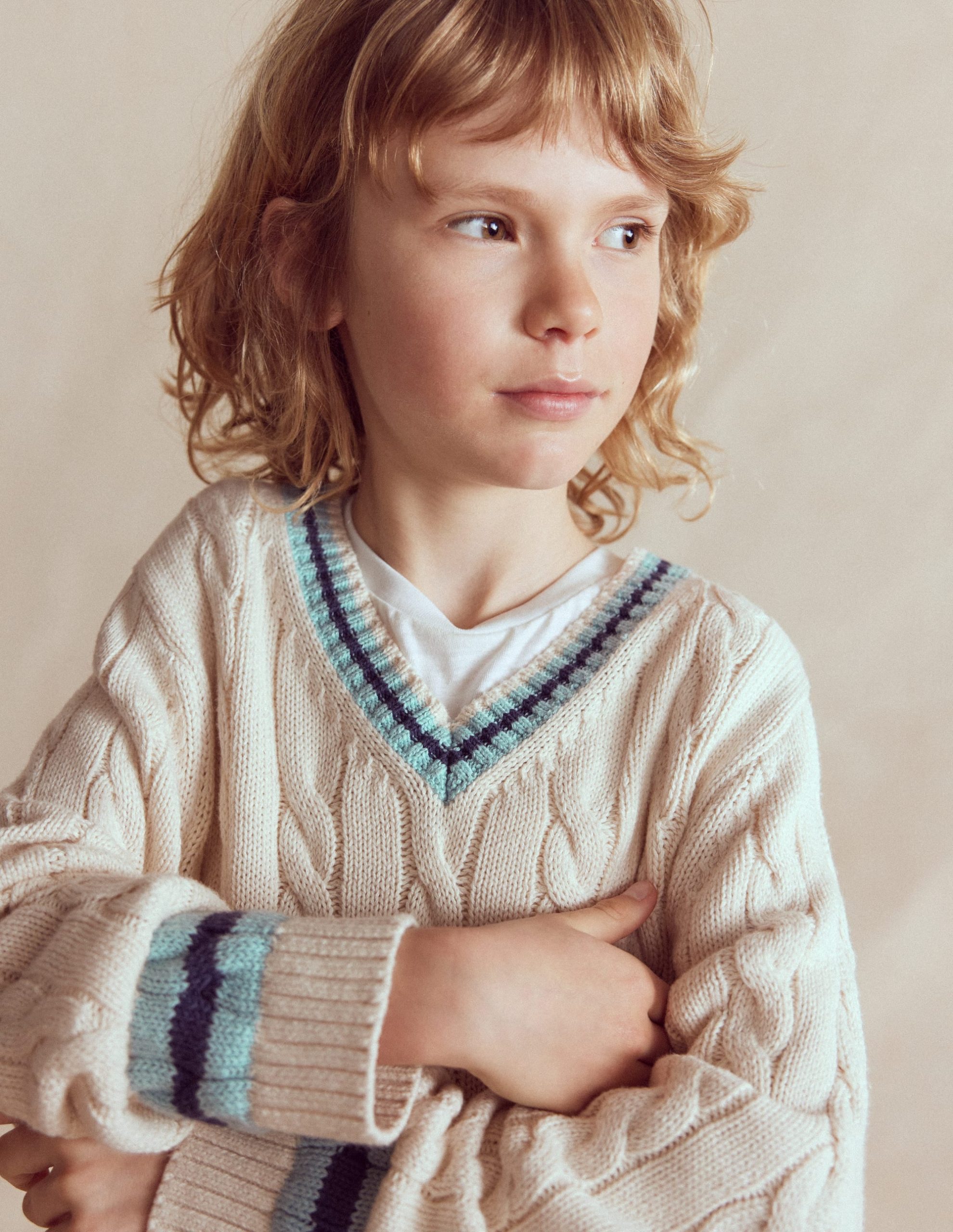 V-neck Cable Sweater-Ivory - Image 2