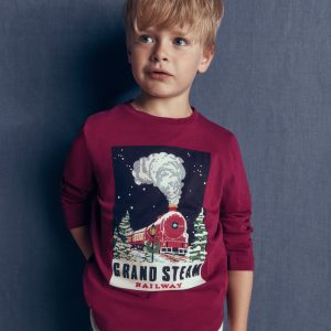 Long Sleeve Printed T-shirt-Red Steam Train