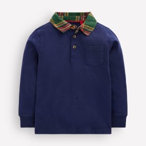 Long Sleeve Smart Polo Shirt-College Navy/Green Check
