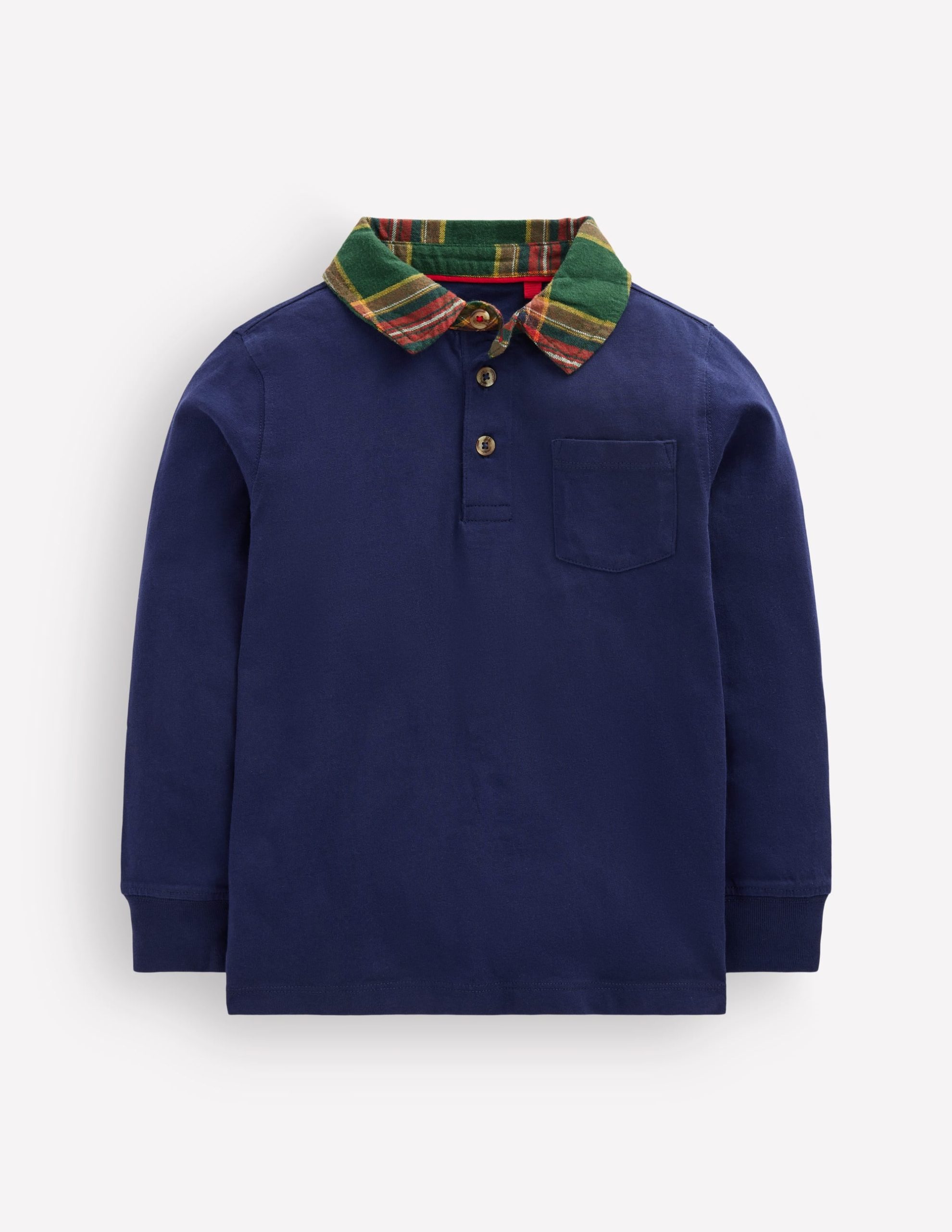 Long Sleeve Smart Polo Shirt-College Navy/Green Check