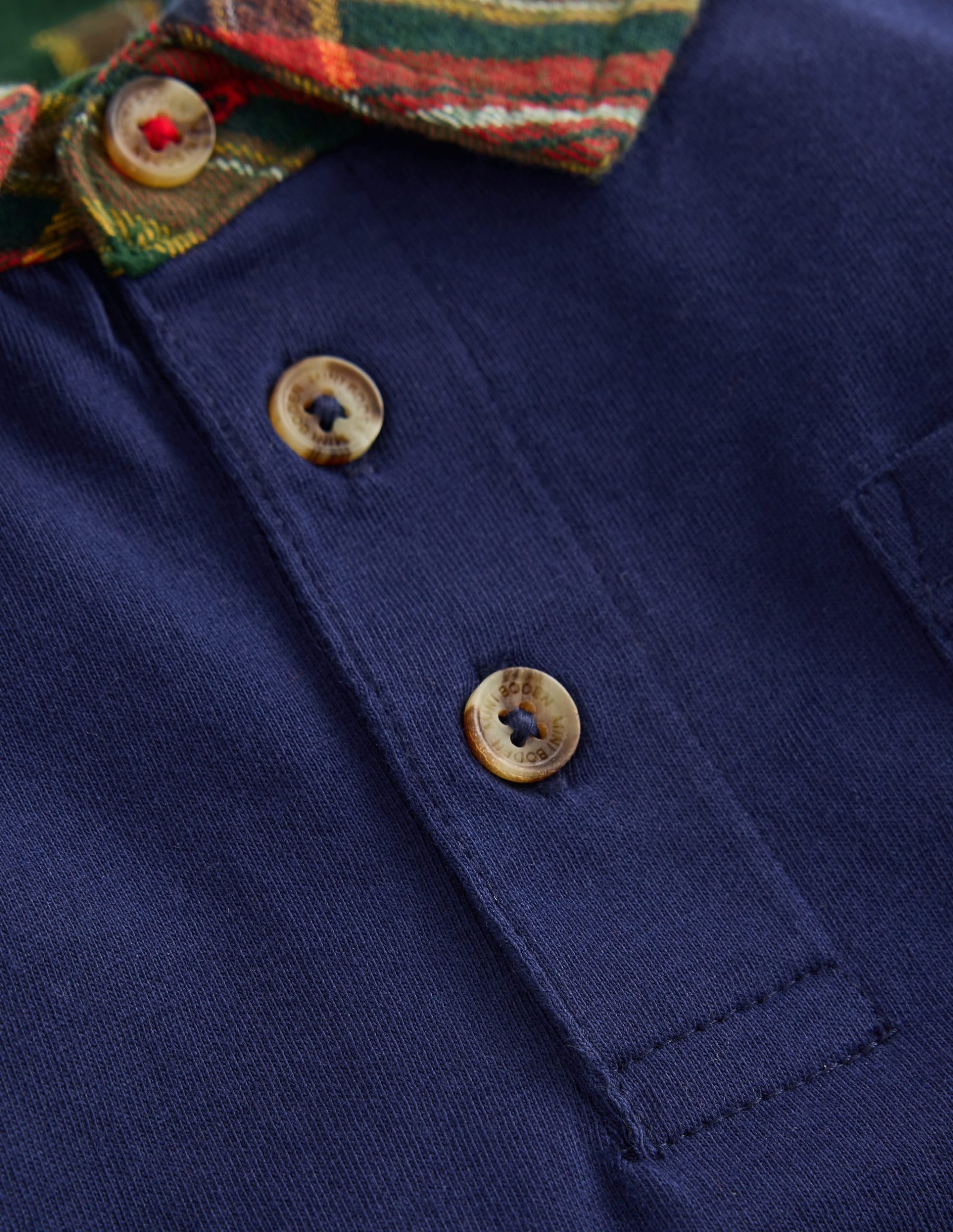 Long Sleeve Smart Polo Shirt-College Navy/Green Check - Image 3