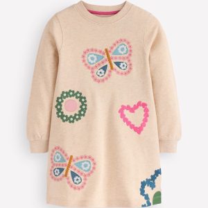 Ida Sweatshirt Appliqué Dress-Oatmeal Butterlies