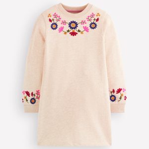 Ida Sweatshirt Appliqué Dress-Oatmeal Floral Embroidery