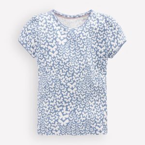 Short Sleeve Pointelle Top-Serenity Blue Butterflies