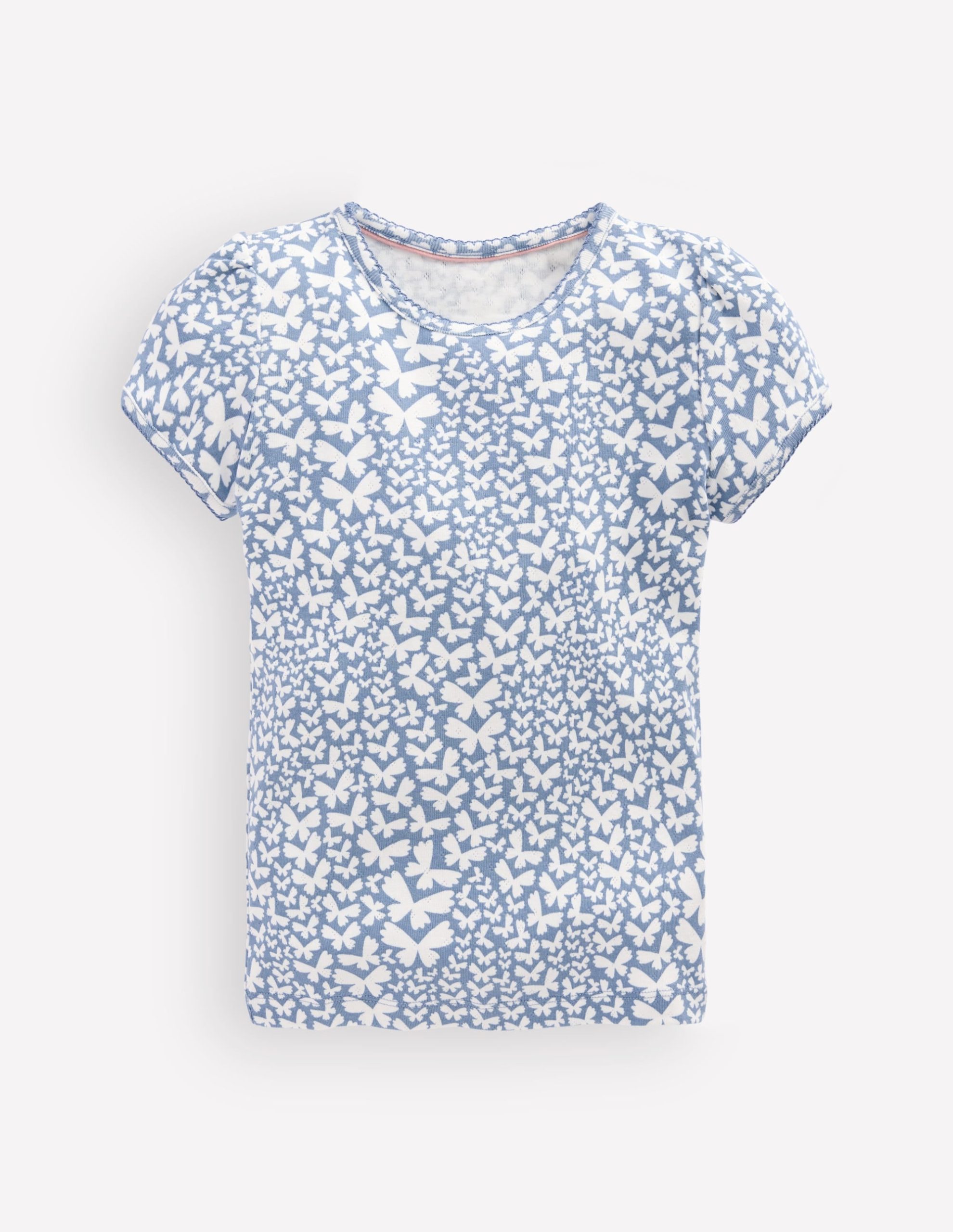 Short Sleeve Pointelle Top-Serenity Blue Butterflies