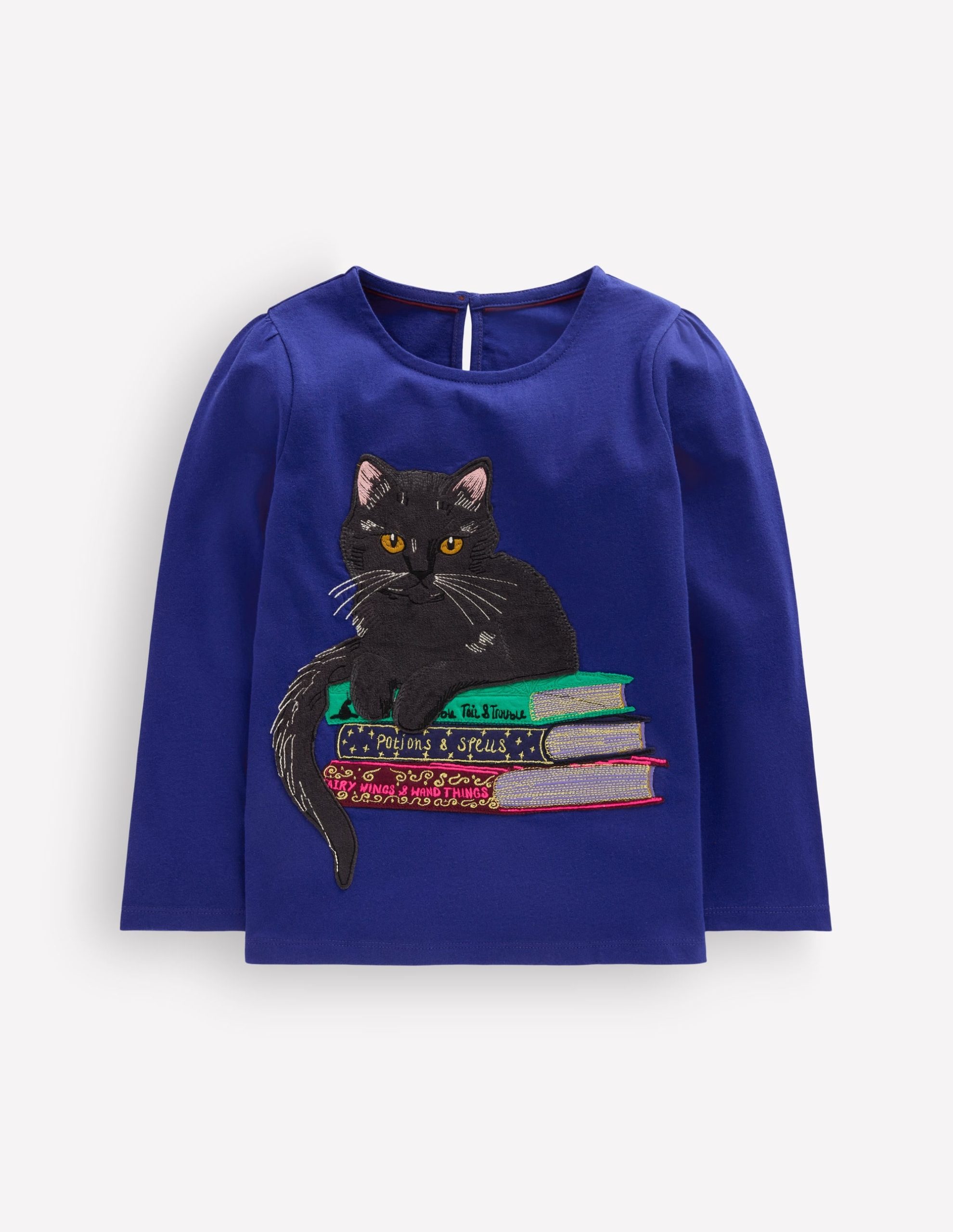 Puff Sleeve Appliqué T-shirt-Bright Blue Cat - Image 3