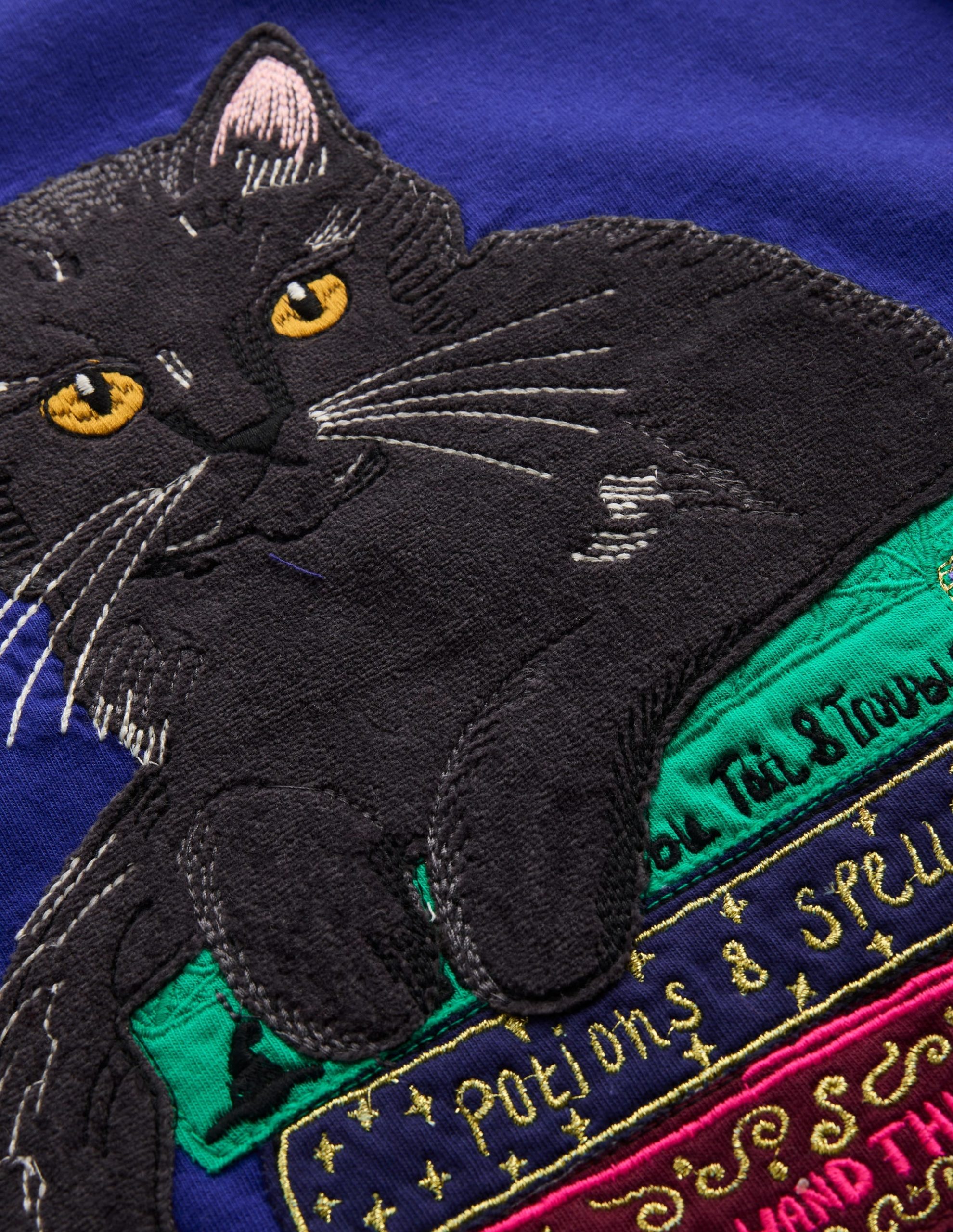 Puff Sleeve Appliqué T-shirt-Bright Blue Cat - Image 5