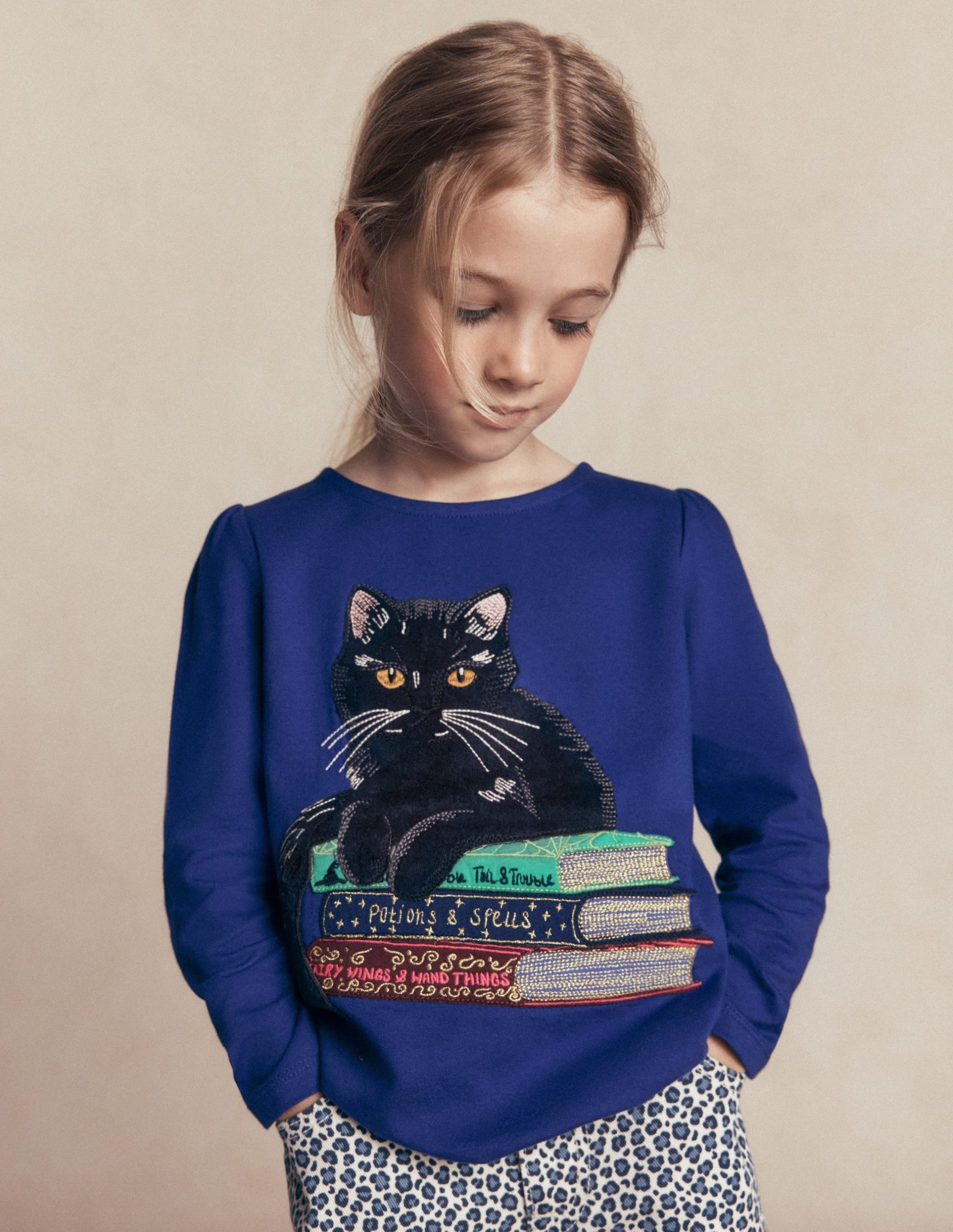 Puff Sleeve Appliqué T-shirt-Bright Blue Cat
