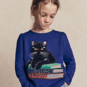 Puff Sleeve Appliqué T-shirt-Bright Blue Cat