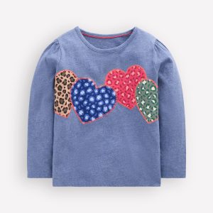 Puff Sleeve Appliqu?? T-shirt-Blue Marl Patchwork Heart