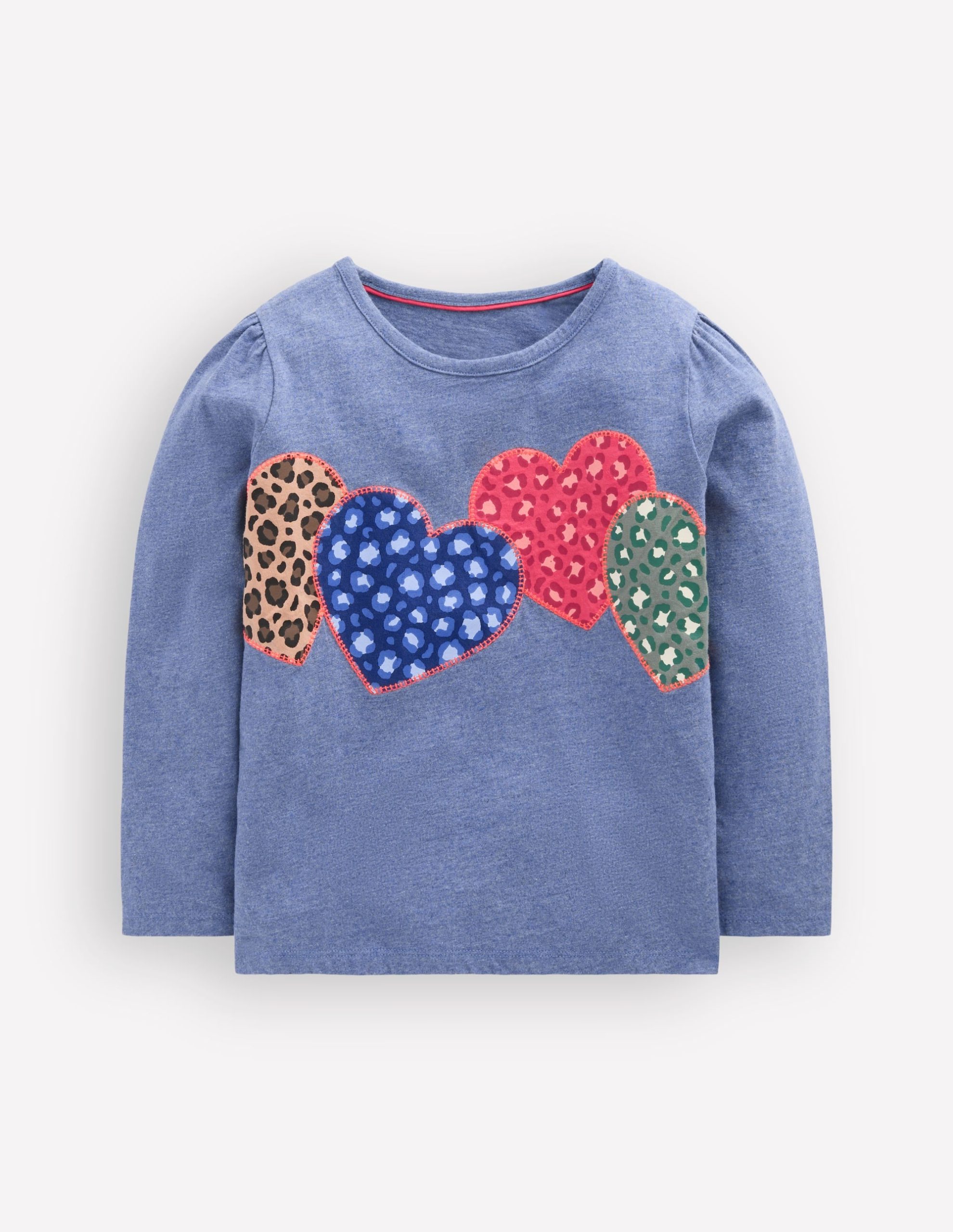 Puff Sleeve Appliqué T-shirt-Blue Marl Patchwork Heart