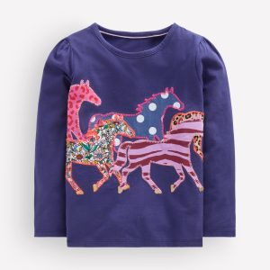 Puff Sleeve Appliqu?? T-shirt-College Navy Horses