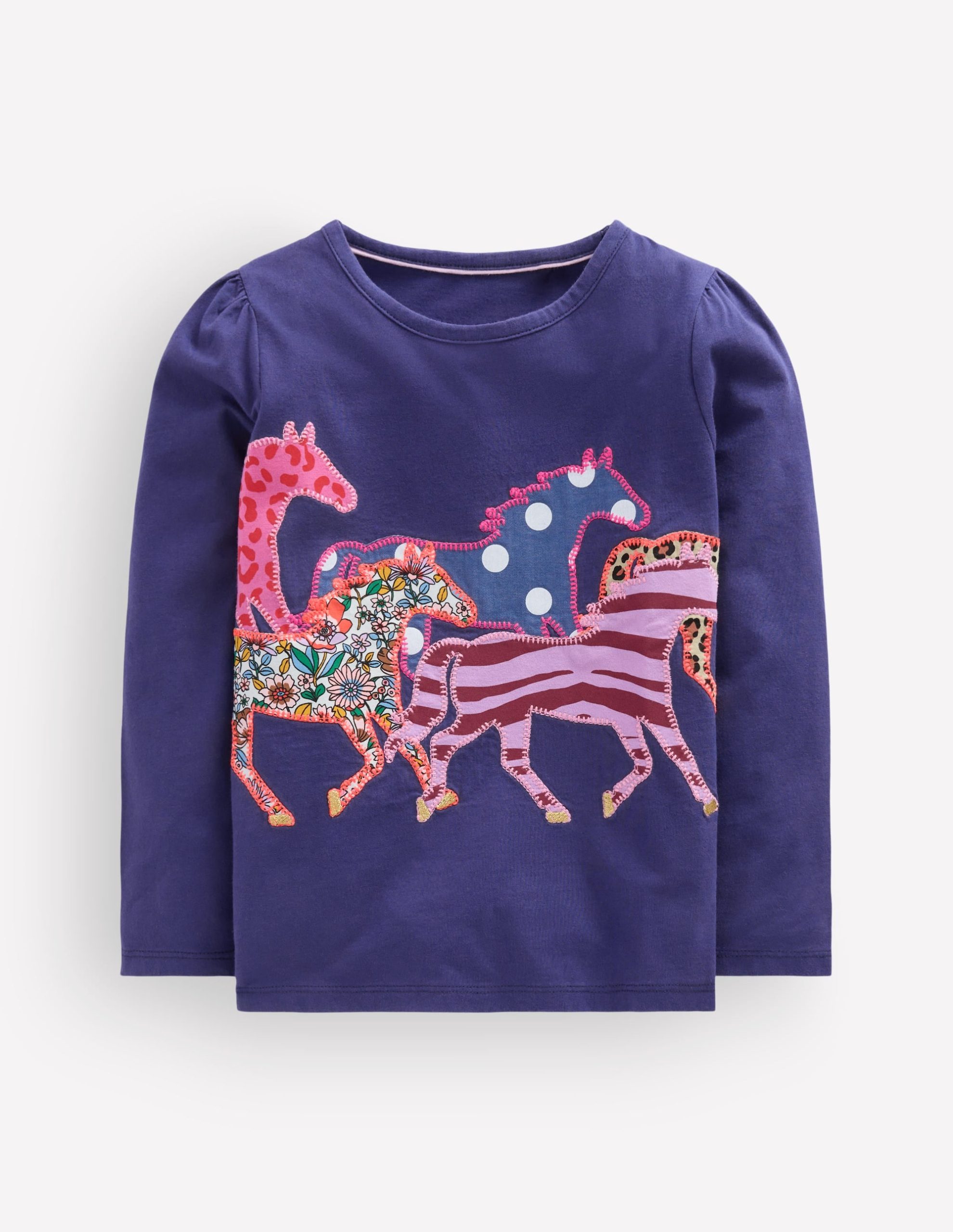 Puff Sleeve Appliqu?? T-shirt-College Navy Horses