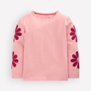 Puff Sleeve Appliqué T-shirt-Pink Marl Flowers