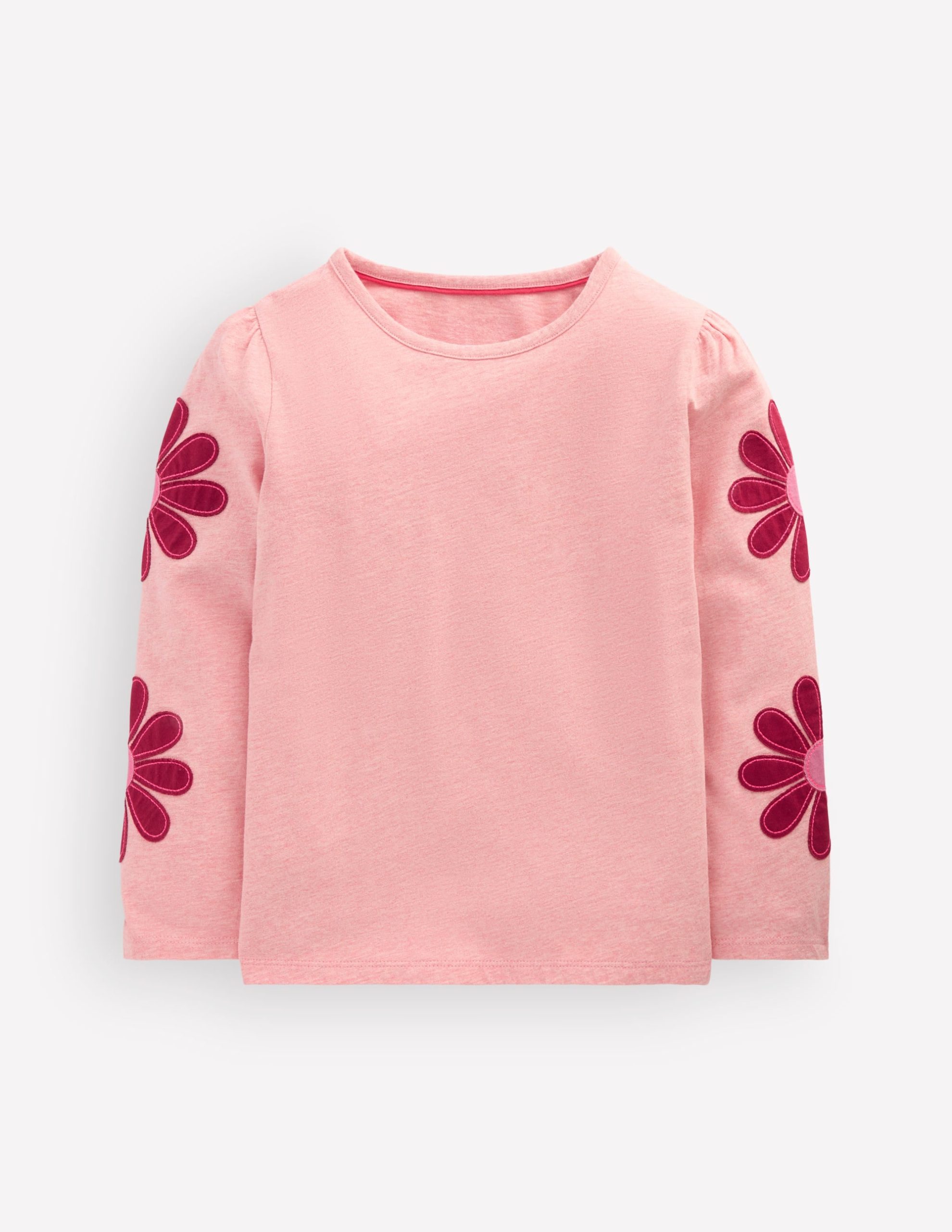 Puff Sleeve Appliqué T-shirt-Pink Marl Flowers
