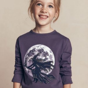 Puff Sleeve Appliqué T-shirt-Mystic Purple Witches