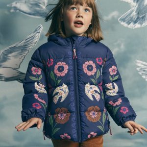 Fun Padded Coat-Navy Bird Placement Print