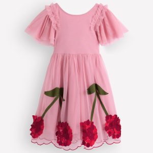 Short Sleeve Logo Tulle Dress-Pink Cherry Applique