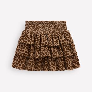 Smocked Waist Ruffle Skirt-Brown Leopard Cord