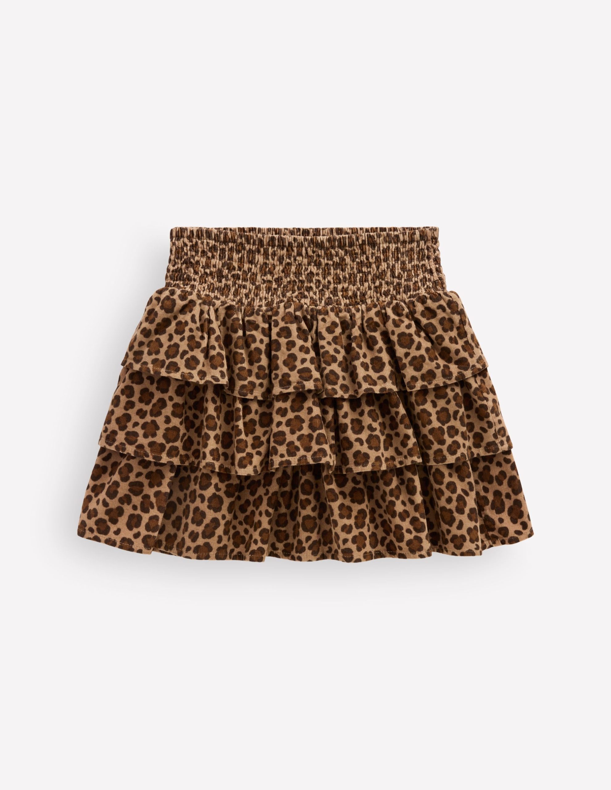 Smocked Waist Ruffle Skirt-Brown Leopard Cord