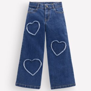 Wide Leg Jeans-Mid Wash Heart Applique