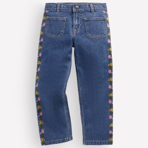 Patch Pocket Straight Jeans-Denim Embroidery
