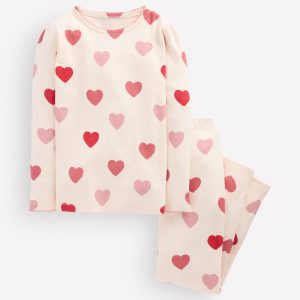 Snug Long John Pajamas-Soft Ivory Hearts