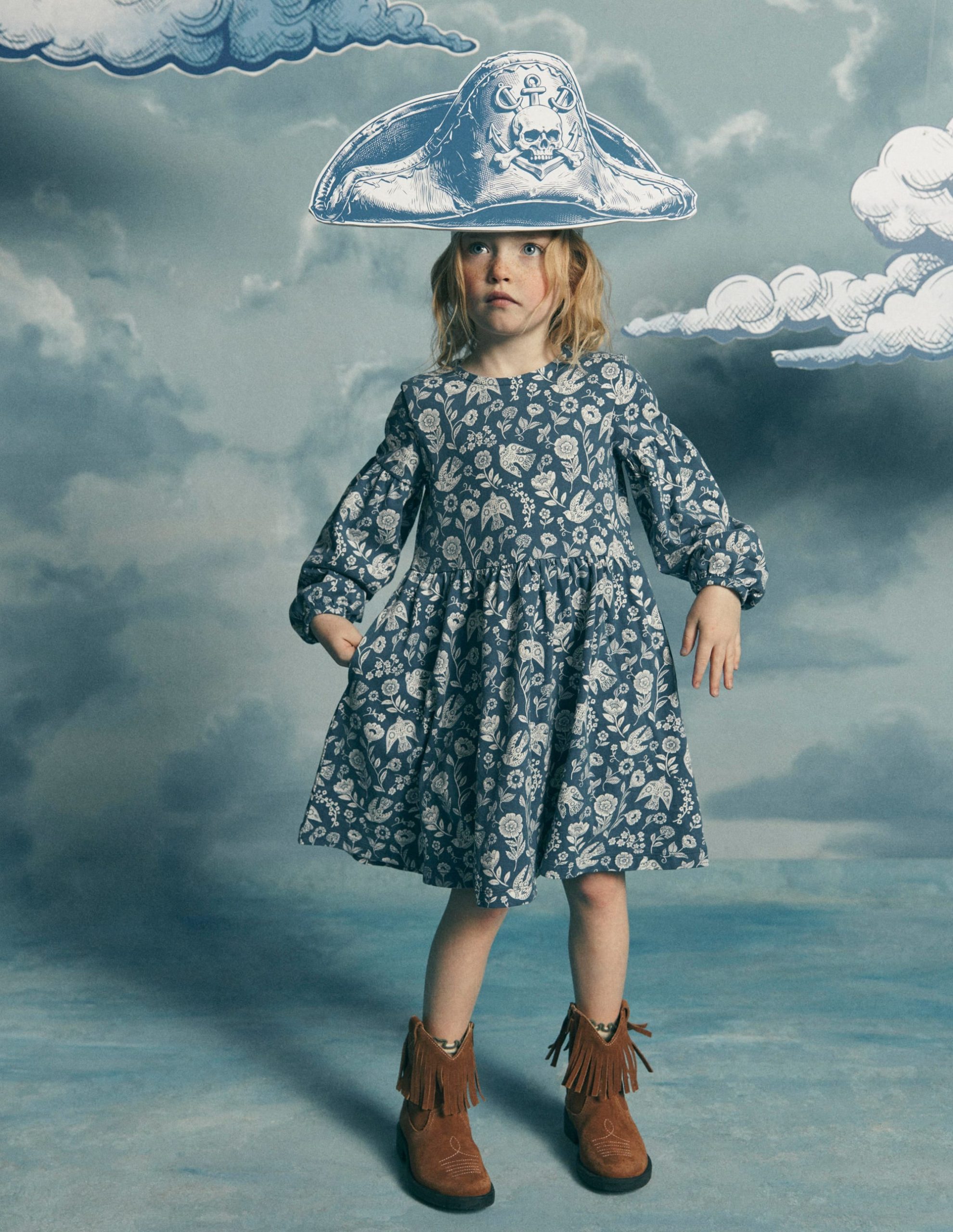 Madeline Blouson Sleeve Dress-Sapphire Blue Floral Bird - Image 2