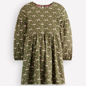 Madeline Blouson Sleeve Dress-Green Sausage Dog