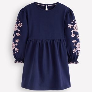 Embroidered Sleeve Dress-Denim Blue