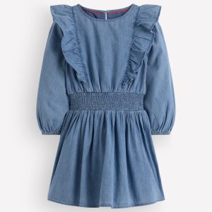 Shirred Drop Waist Dress-Light Denim