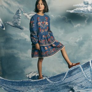 Printed Tiered Woven Dress-Blue Birds Placement
